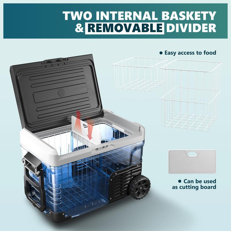 EUHOMY 12V Refrigerator (24/37/53Quart /23L/35L/50L) supports 12V/24V DC & 110-240V AC. Portable with -4°F~68°F range, it features wheels, 2 baskets, and large cooling zone. Ideal for RVs, travel, Truck, Boat