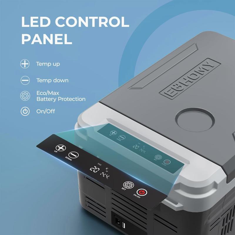 EUHOMY 12-Volt Refrigerator: a 11 Quart (10L)  compressor electric cooler with APP control. This car fridge supports both 12/24V DC and 120-240V AC power supply, with a cooling range of -4℉ to 68℉. It's a portable freezer ideal for RVs, travel.