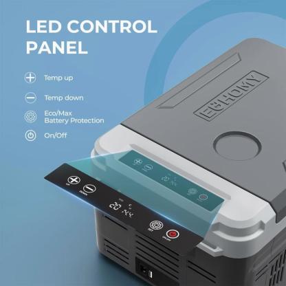 EUHOMY 12-Volt Refrigerator: a 11 Quart (10L)  compressor electric cooler with APP control. This car fridge supports both 12/24V DC and 120-240V AC power supply, with a cooling range of -4℉ to 68℉. It's a portable freezer ideal for RVs, travel.