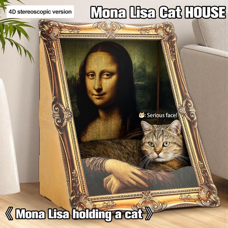 Art Cat House with Cat Scratcher,Mona Lisa 4D Frame, Famous Oil Painting Frame Cardboard Cat Bed, 2026 with Arm Front Panel, Easy-to-Assemble Bed Couch Cave Condo Creative Home Decoration