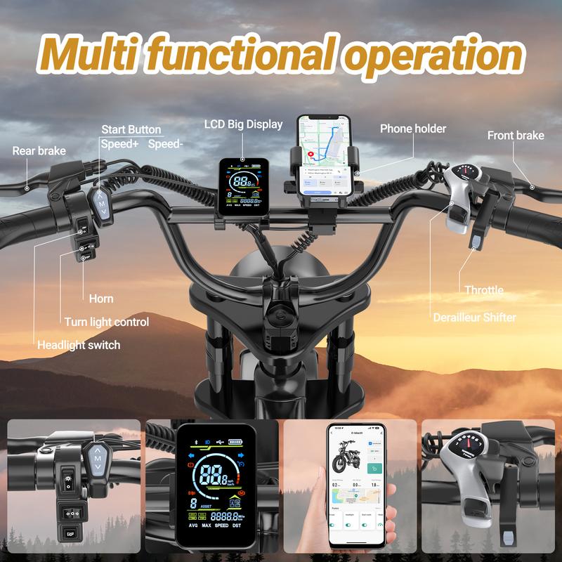 【Qlaway, VOLTVOGUE】Peak 1500W Electric Off-Road Bike 20-Inch Full Suspension E-Motorcycle, 48V 18Ah Removable Battery, 31MPH Top Speed, 40-55 Mile Range, 2-Seater, LED Headlights, 20-Inch All-Terrain Fat Tires, UL 2849 Certified