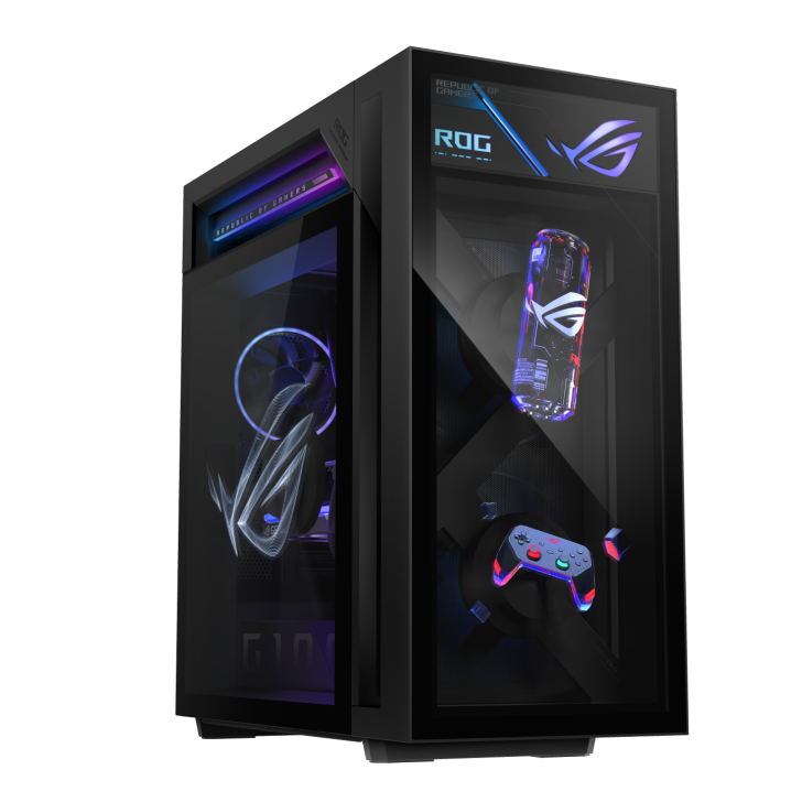 An ASUS Republic of Gamers (ROG) gaming PC case with RGB lighting, featuring 'ROG' branding and showcasing an illuminated controller and beverage can inside.