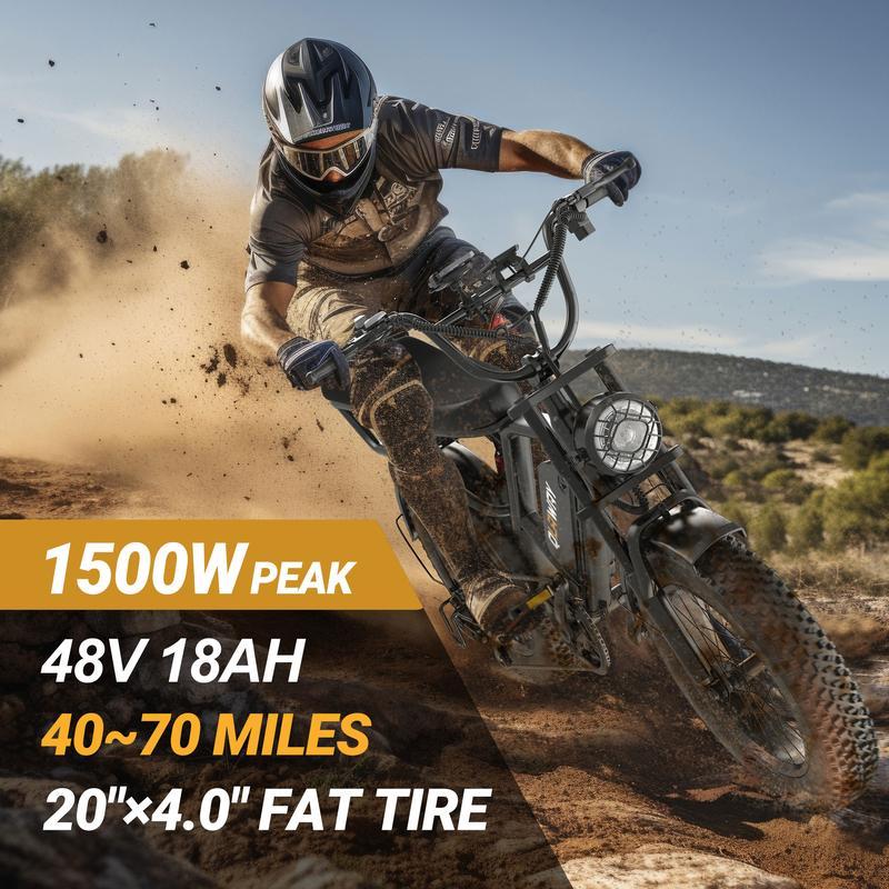 【Qlaway, VOLTVOGUE】Peak 1500W Electric Off-Road Bike 20-Inch Full Suspension E-Motorcycle, 48V 18Ah Removable Battery, 31MPH Top Speed, 40-55 Mile Range, 2-Seater, LED Headlights, 20-Inch All-Terrain Fat Tires, UL 2849 Certified