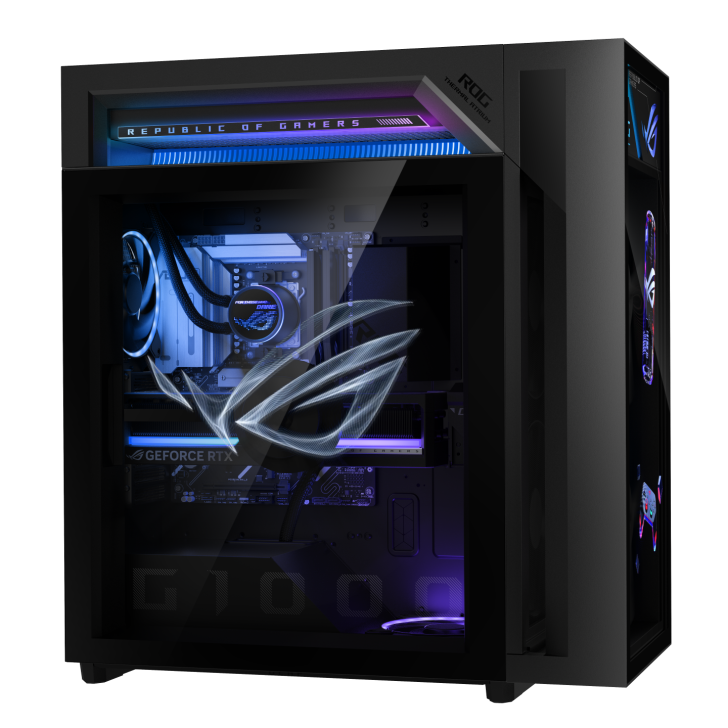 An ASUS Republic of Gamers PC case features a visible NVIDIA GeForce RTX graphics card and glowing ROG branding.