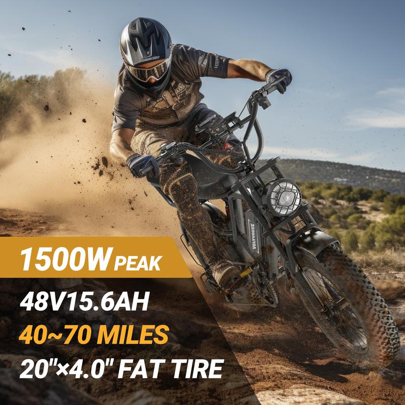【Qlaway, VOLTVOGUE】Peak 1500W Electric Off-Road Bike 20-Inch Full Suspension E-Motorcycle, 48V 18Ah Removable Battery, 31MPH Top Speed, 40-55 Mile Range, 2-Seater, LED Headlights, 20-Inch All-Terrain Fat Tires, UL 2849 Certified