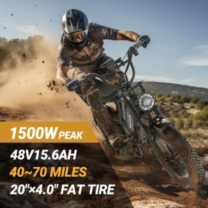 【Qlaway, VOLTVOGUE】Peak 1500W Electric Off-Road Bike 20-Inch Full Suspension E-Motorcycle, 48V 18Ah Removable Battery, 31MPH Top Speed, 40-55 Mile Range, 2-Seater, LED Headlights, 20-Inch All-Terrain Fat Tires, UL 2849 Certified