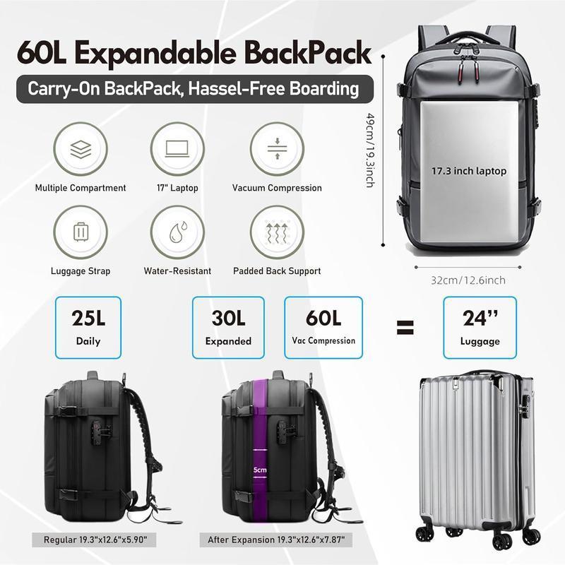 Expandable 60L Airback Vacuum Seal Travel Backpack Compression Bag Water Resistant TSA Lock Black Electric AirPump Included Outdoor Essential
