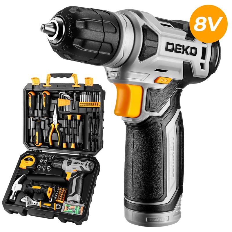 DEKO 8V Cordless Drill Set, 126-Piece Home Tool Kit With Storage Box, Unisex DIY Power Tool Set For Fence Installation, Room Décor, Furniture Assembly, And Daily Repairs