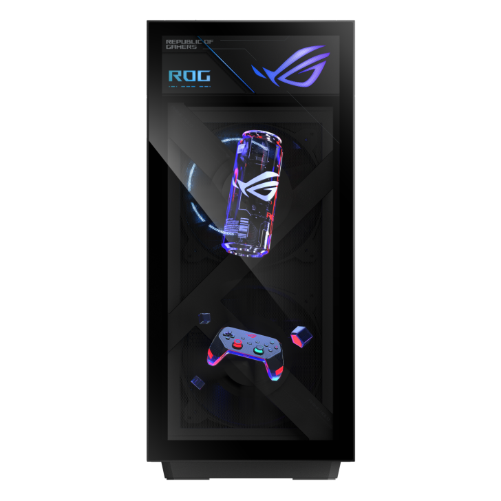 An ASUS ROG gaming tower with a holographic soda can and gaming controller projected inside, featuring the 'Republic of Gamers' and 'ROG' logos.