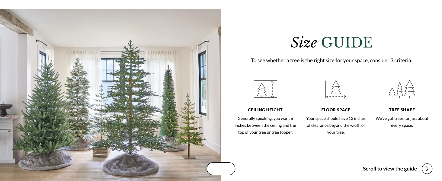 Balsam Hill Size Guide; Consider ceiling height, floor space, and tree shape when choosing a tree