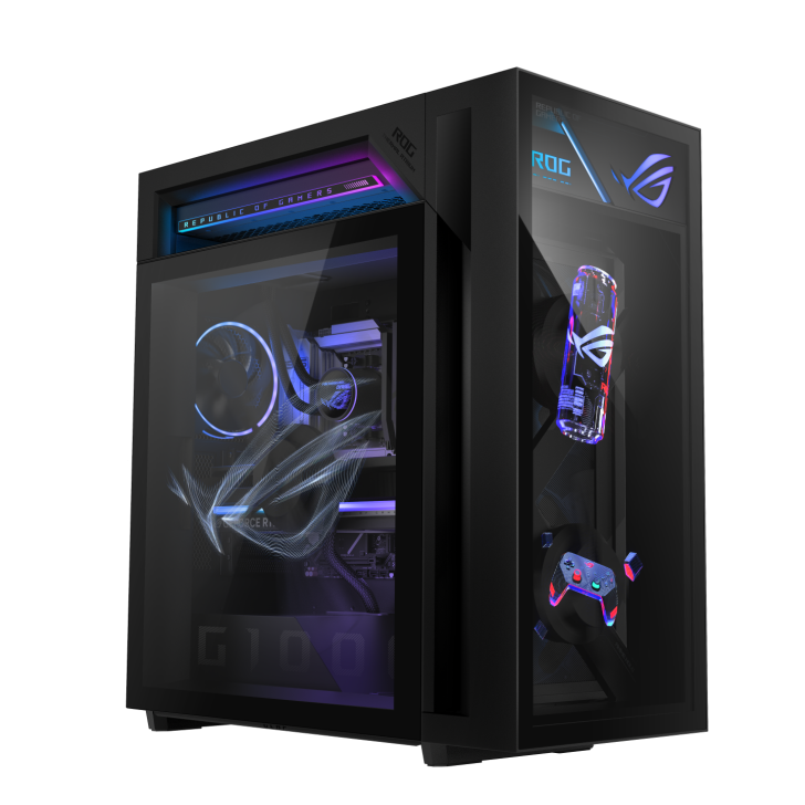 An ASUS ROG gaming PC with RGB lighting, featuring visible Republic of Gamers branding and a GeForce RTX GPU inside.