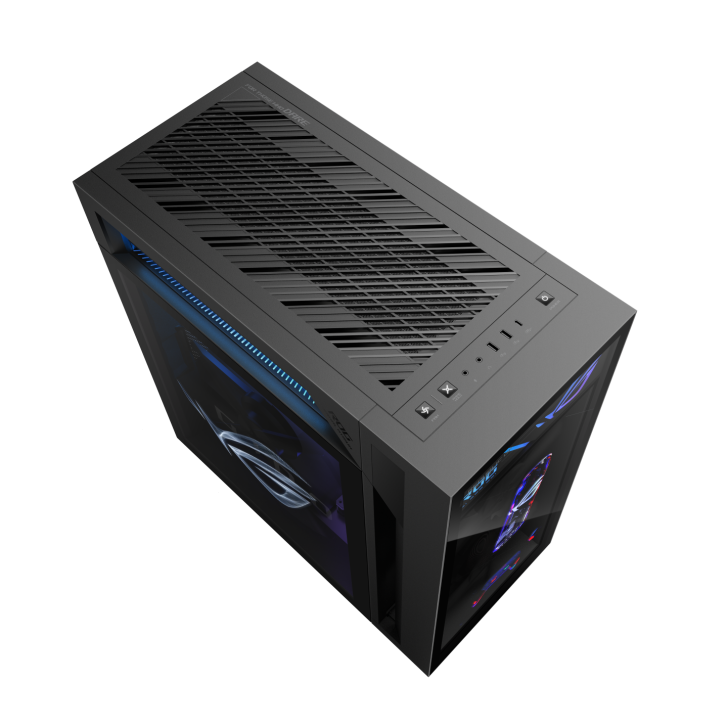 A black ASUS ROG Hyperion GR701 PC case with RGB lighting and visible 'ROG' logo on the side panel.