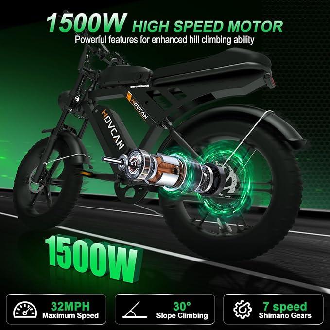V30&V30Max MOVCAN E-Bike for Adults,1500W Motor 20" Fat Tire Ebike,Up to 32MPH/28MPH & 120/70 Miles,48V 31.2/15.6AH Removable Dual Battery, 7 Speed Gear, Hydraulic Brakes&Full Suspension Electric Motorcycle