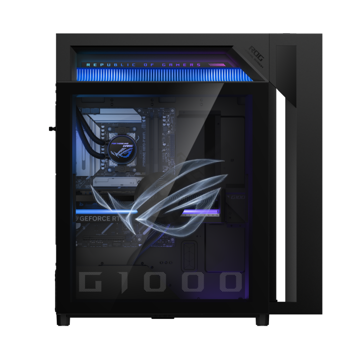 A custom-built PC showcasing ASUS ROG components, including a visible GeForce RTX graphics card and an ROG Prime Z790-A WiFi motherboard, inside a sleek glass case with 'Republic of Gamers' branding.