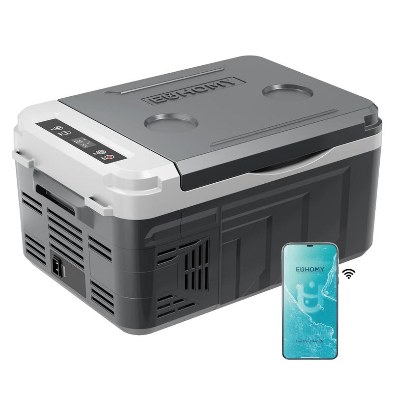 EUHOMY 12-Volt Refrigerator: a 11 Quart (10L)  compressor electric cooler with APP control. This car fridge supports both 12/24V DC and 120-240V AC power supply, with a cooling range of -4℉ to 68℉. It's a portable freezer ideal for RVs, travel.