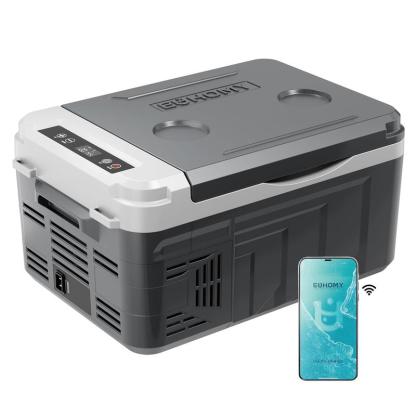 EUHOMY 12-Volt Refrigerator: a 11 Quart (10L)  compressor electric cooler with APP control. This car fridge supports both 12/24V DC and 120-240V AC power supply, with a cooling range of -4℉ to 68℉. It's a portable freezer ideal for RVs, travel.