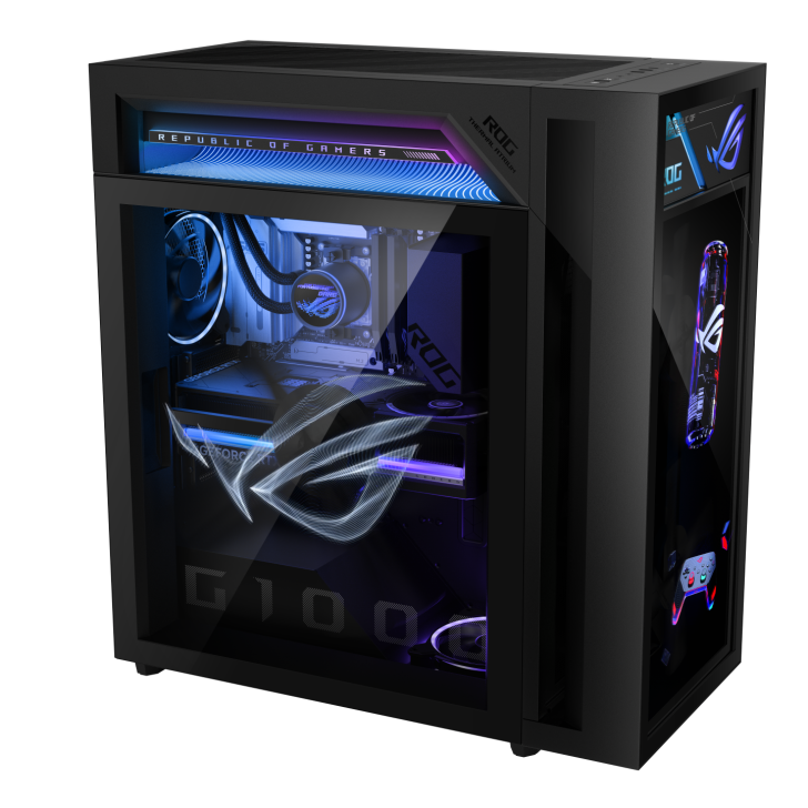 A custom ASUS ROG gaming PC with RGB lighting, showcasing the 'Republic of Gamers' branding on a transparent side panel.