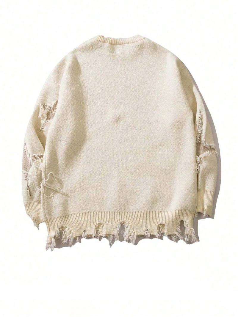 Men's Ripped Drop Shoulder Sweater, Loose Casual Street Soft Comfy Long Sleeve Round Neck Jumper for Fall, Fashion Men's Knitwear for Daily Wear