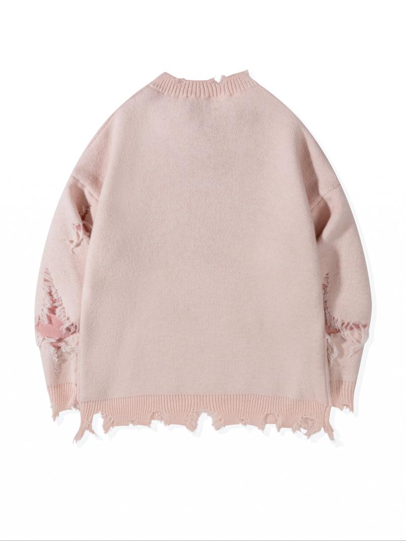 Men's Ripped Drop Shoulder Sweater, Loose Casual Street Soft Comfy Long Sleeve Round Neck Jumper for Fall, Fashion Men's Knitwear for Daily Wear