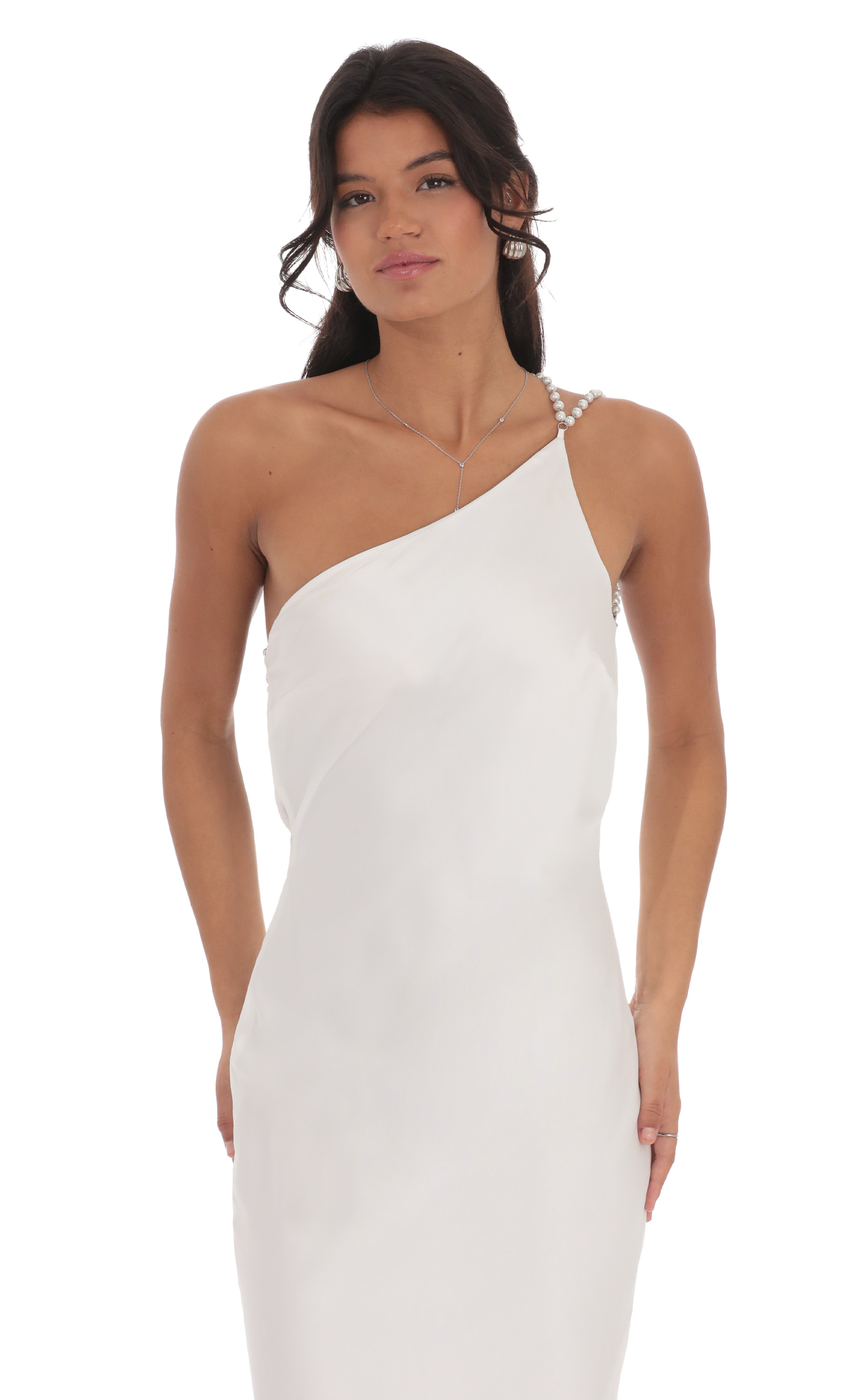 One Shoulder Pearl Satin Maxi Dress in White-My Sky Diva