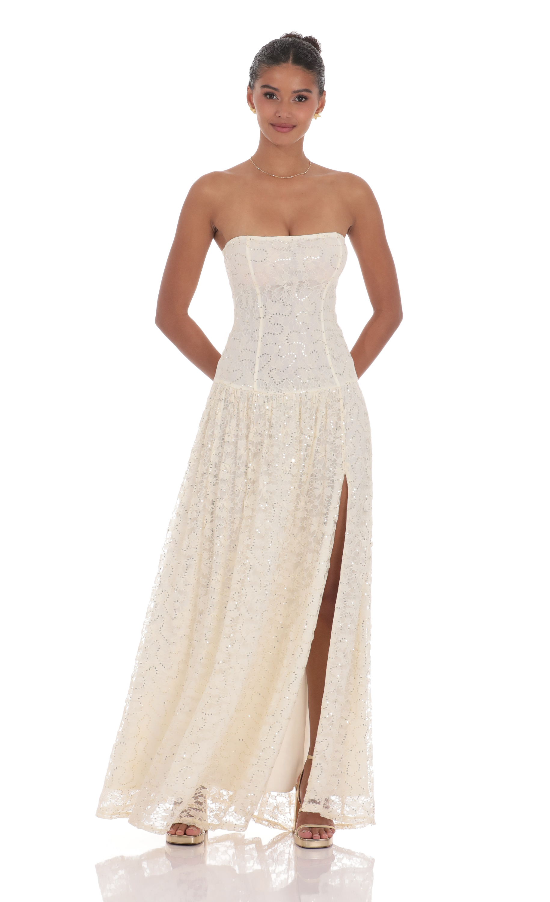 Lace Sequin Drop Waist Maxi Dress in Cream-My Sky Diva
