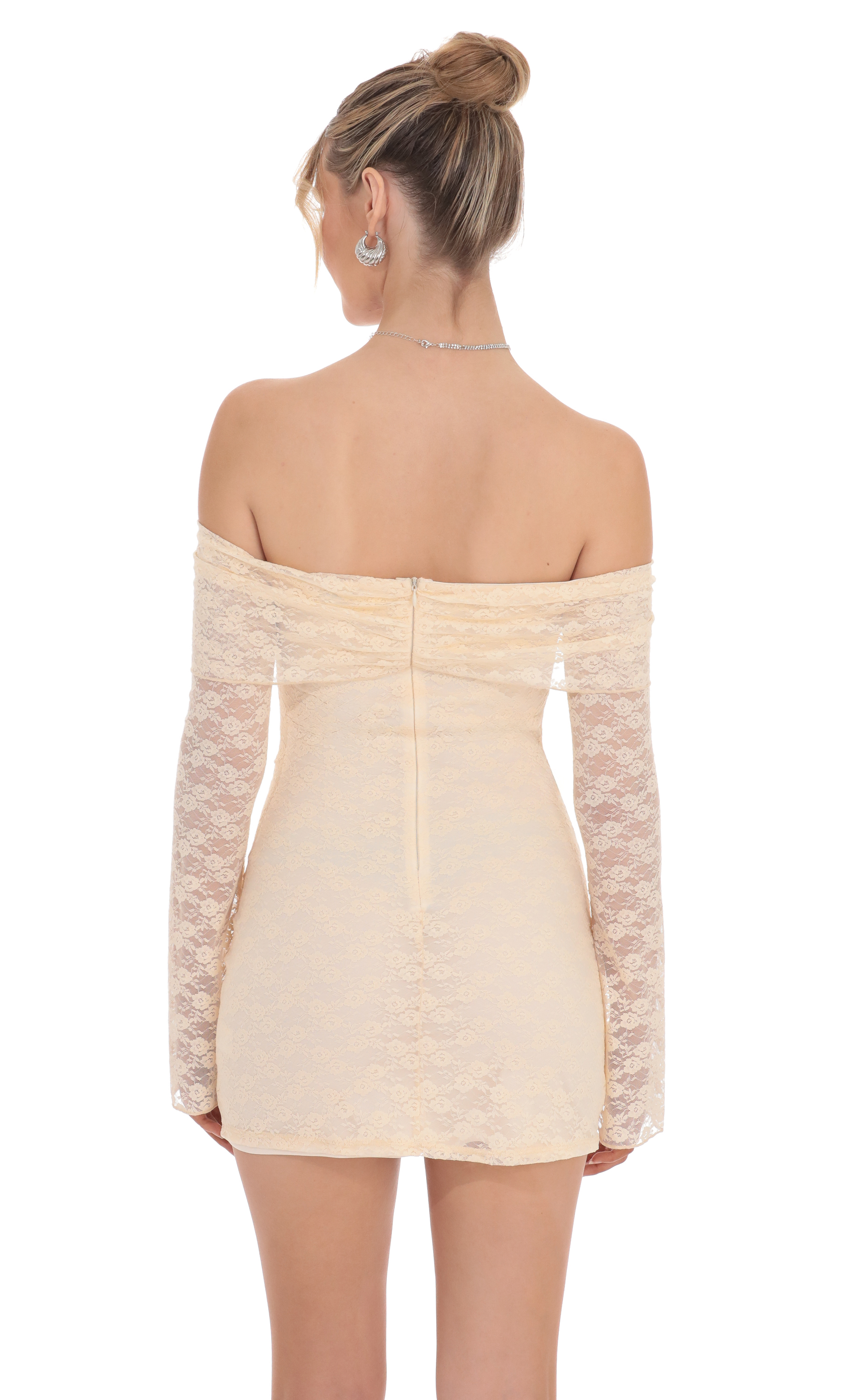 Lace Draped Off Shoulder Dress in Pastel Peach-My Sky Diva