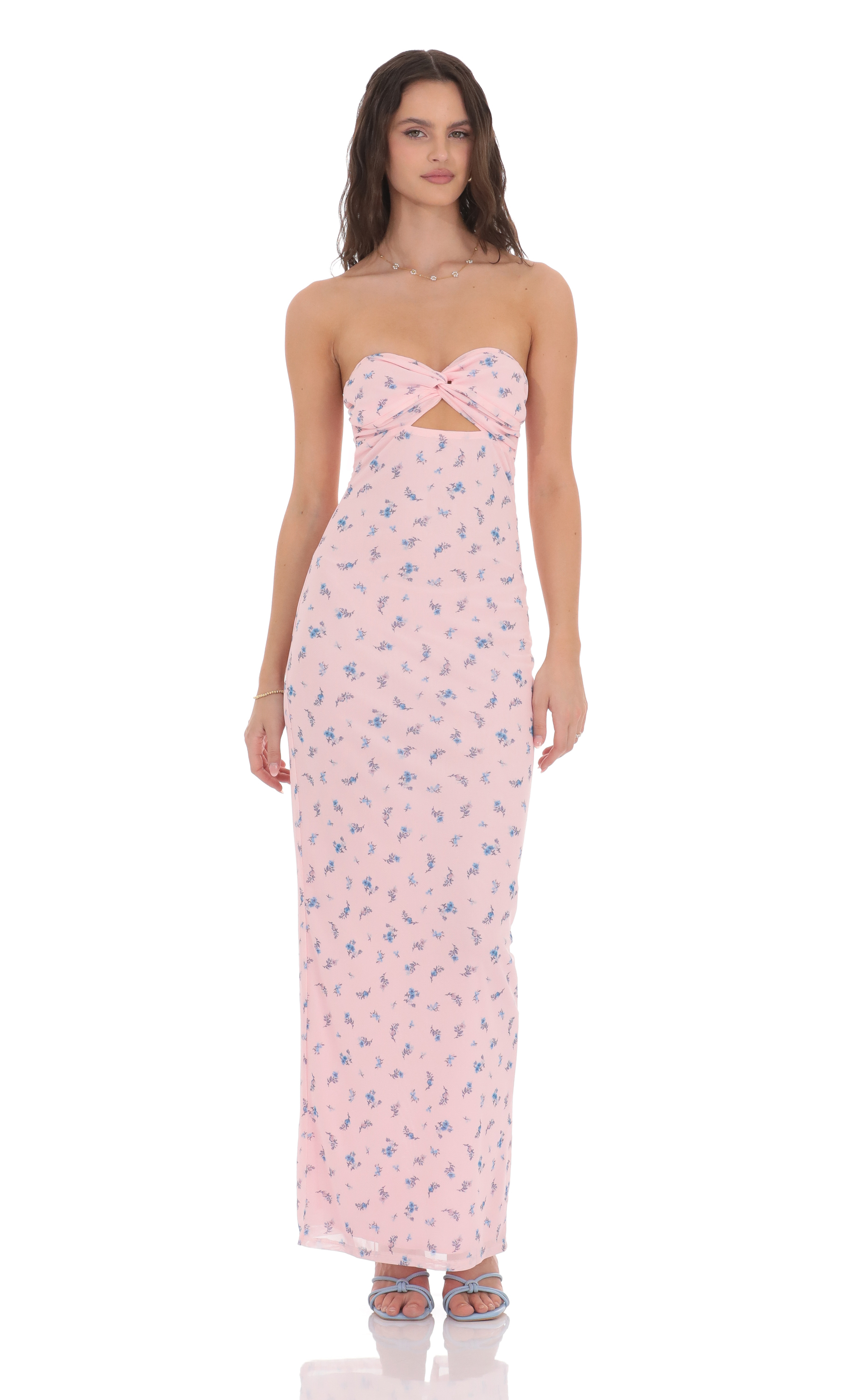 Mesh Floral Strapless Cutout Maxi Dress in Pink-My Sky Diva