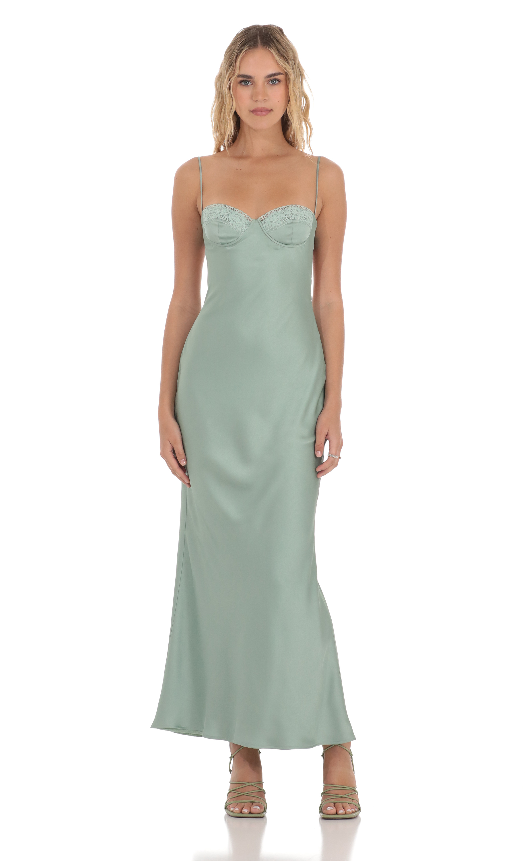 Satin Sweetheart Neck Maxi Dress in Sage Green-My Sky Diva