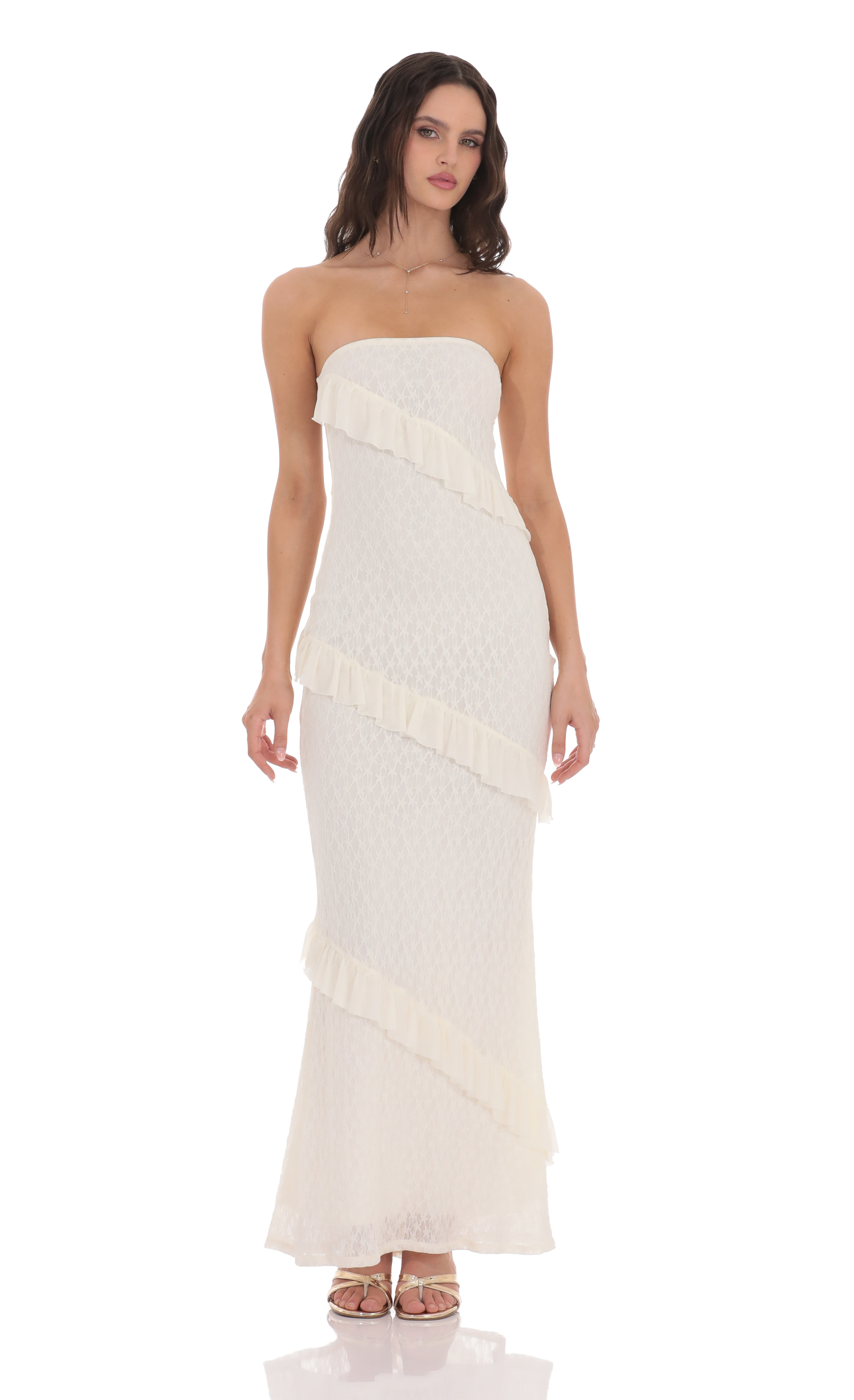 Strapless Lace Ruffle Maxi Dress in Ivory-My Sky Diva