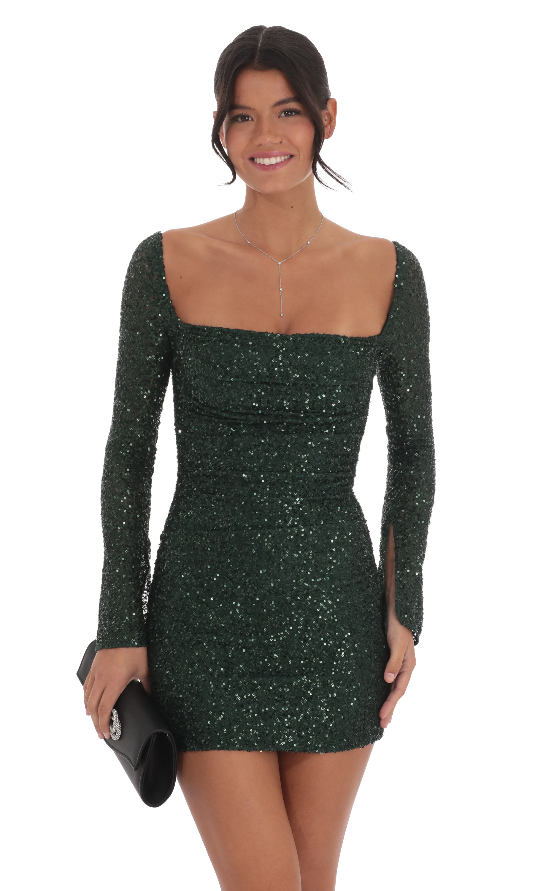 Knit Sequin Long Sleeve Dress in Green-My Sky Diva