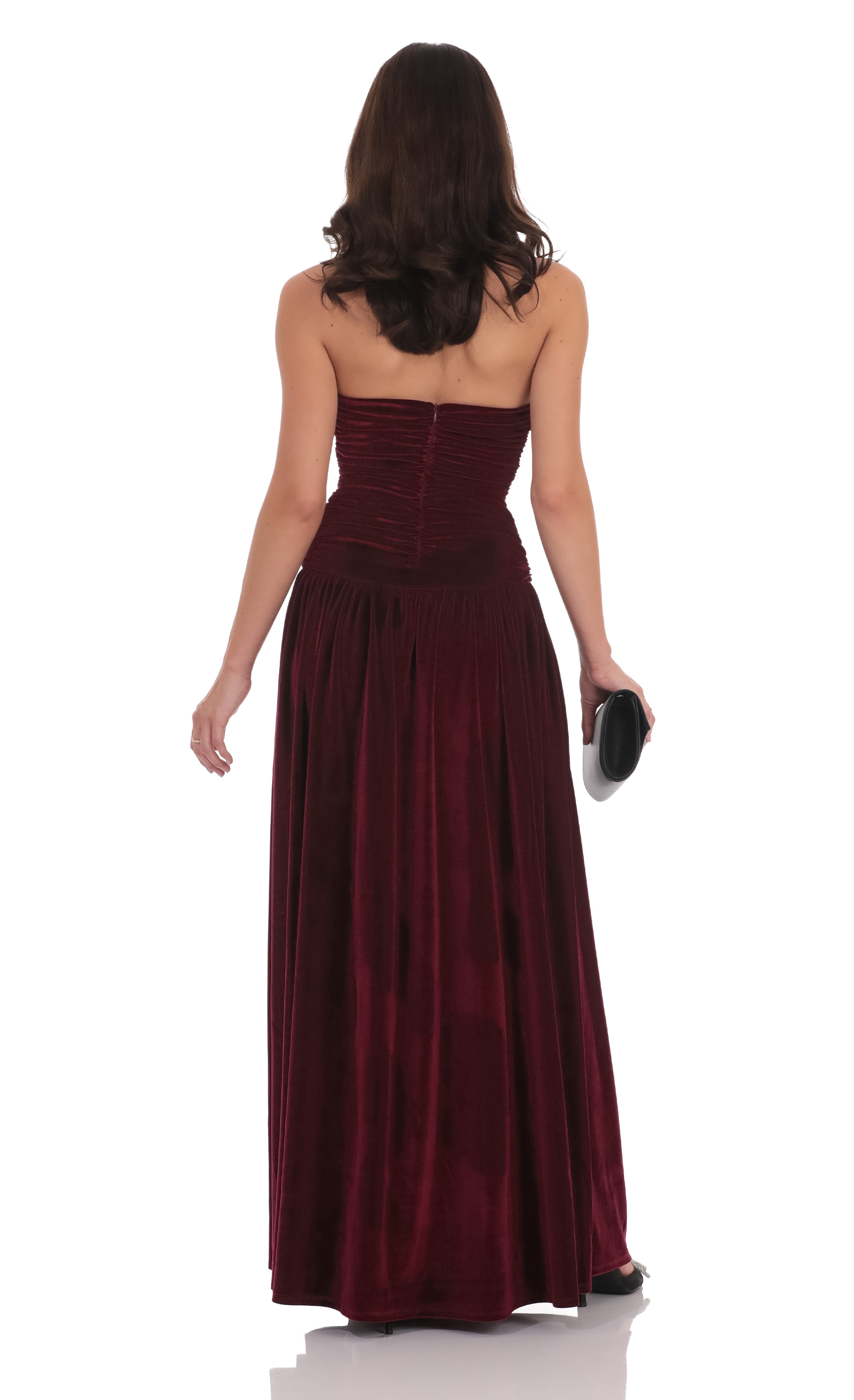 Velvet Ruched Drop Waist Maxi Dress in Wine-My Sky Diva