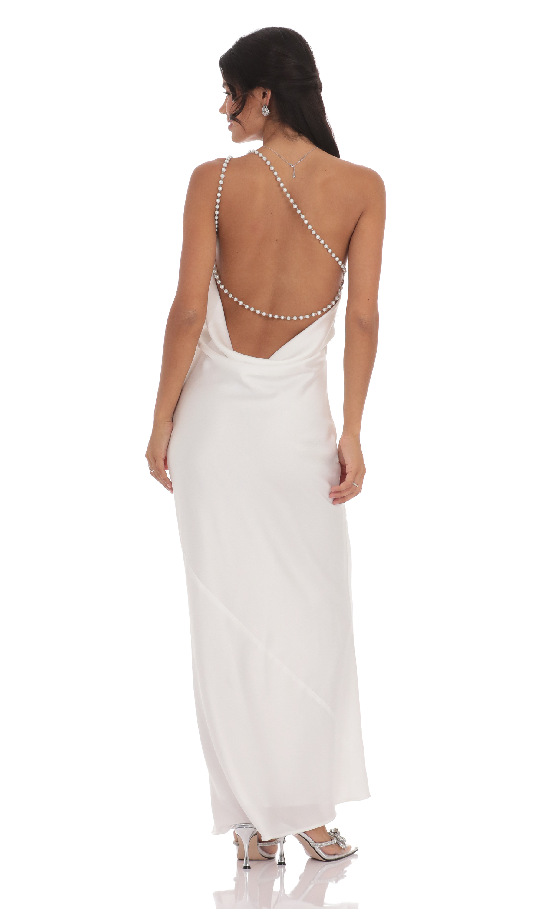 One Shoulder Pearl Satin Maxi Dress in White-My Sky Diva