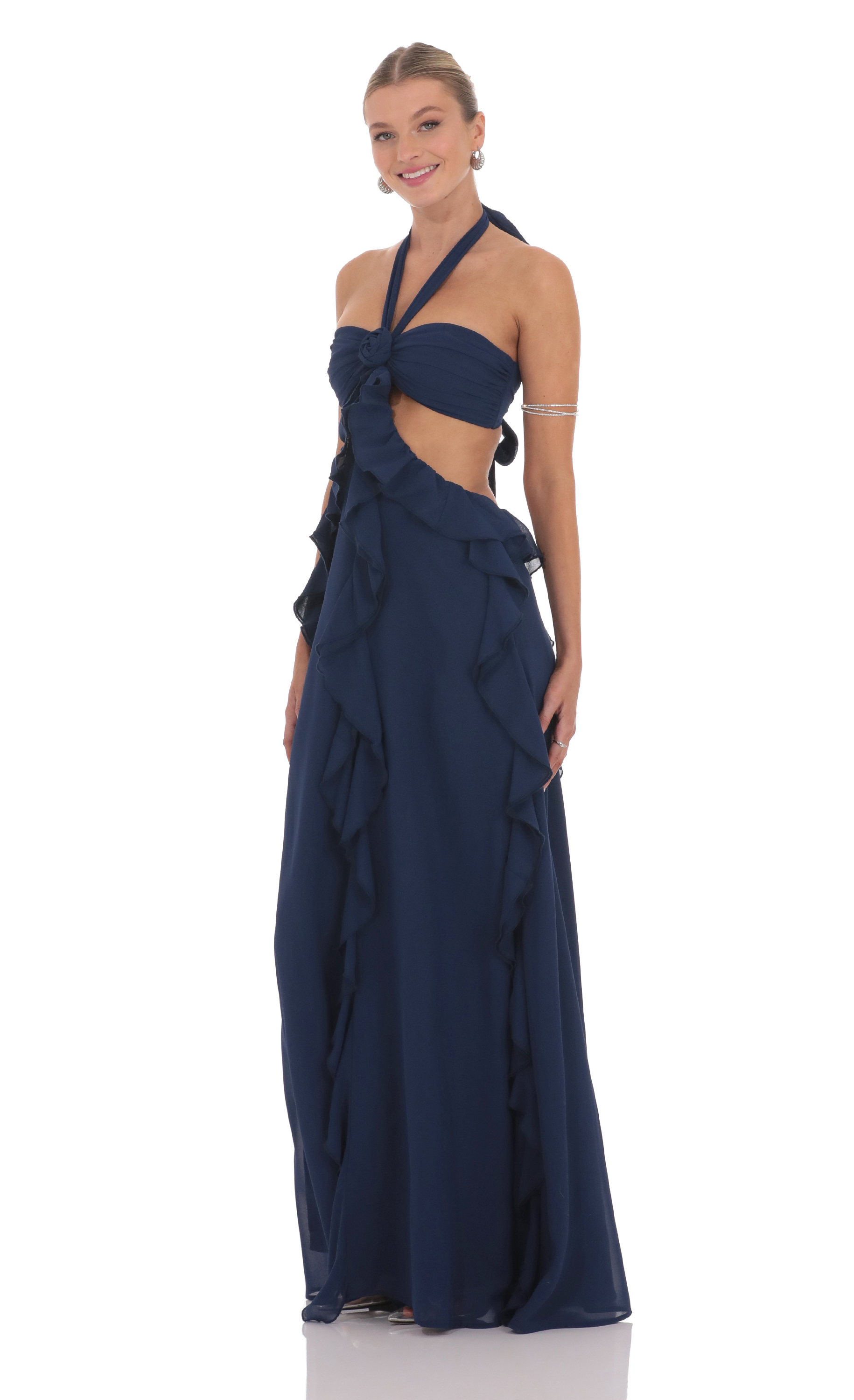 Chiffon Cutout Ruffle Maxi Dress in Navy-My Sky Diva