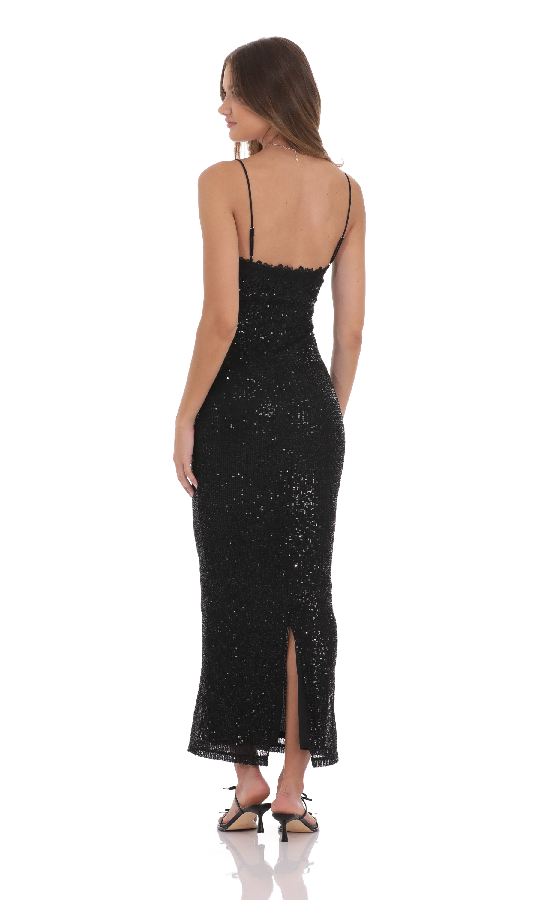 Lace Trim Sequin Maxi Dress in Black-My Sky Diva