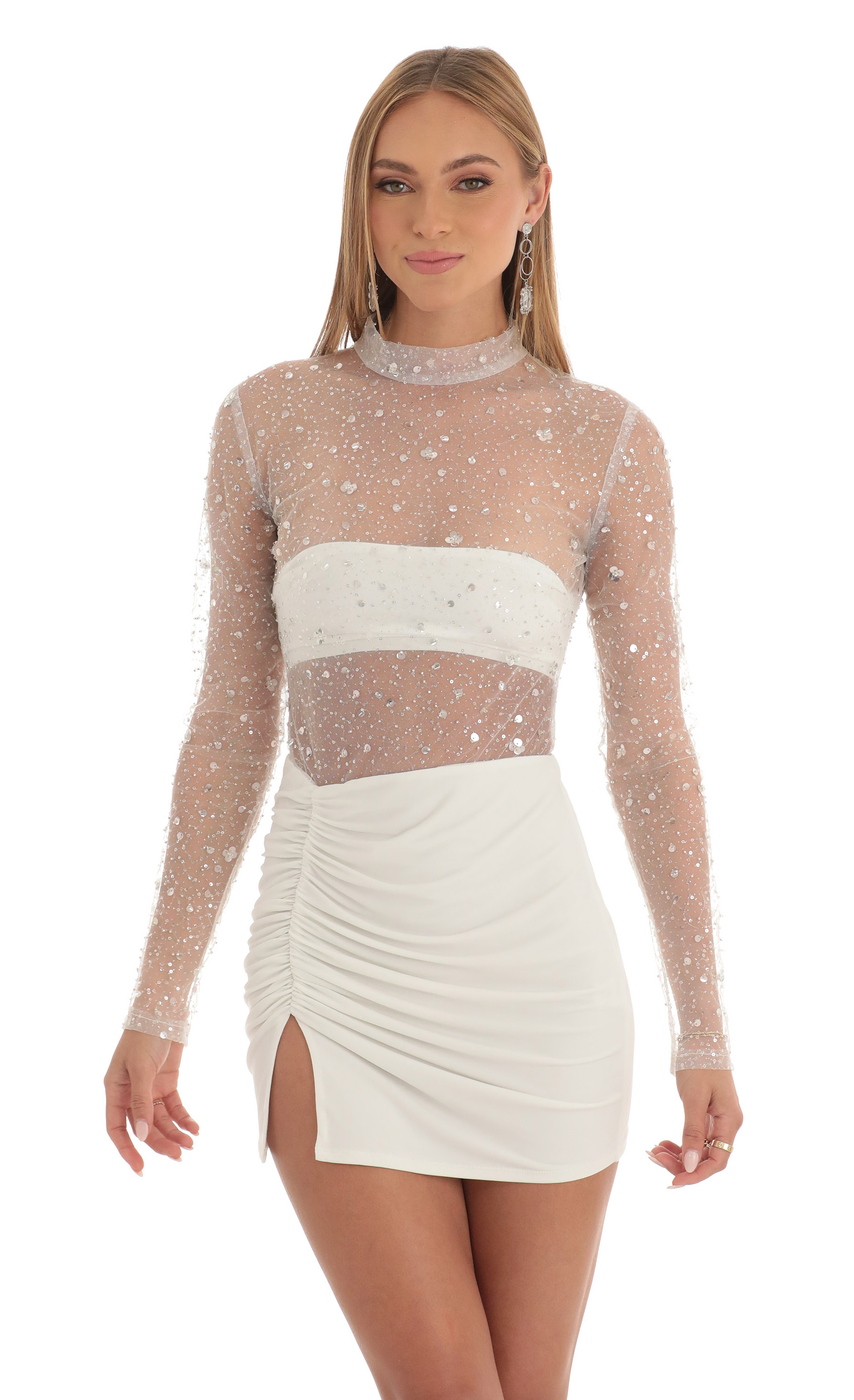 Glitter Sheer Dress in White-My Sky Diva