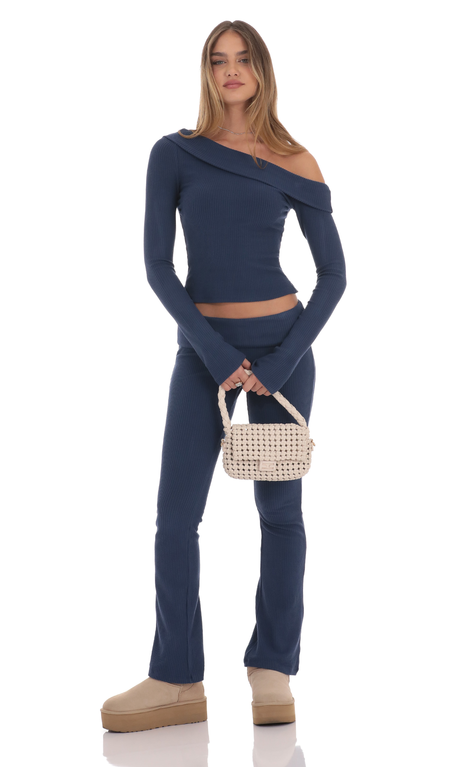 Ribbed Off Shoulder Top in Navy-My Sky Diva