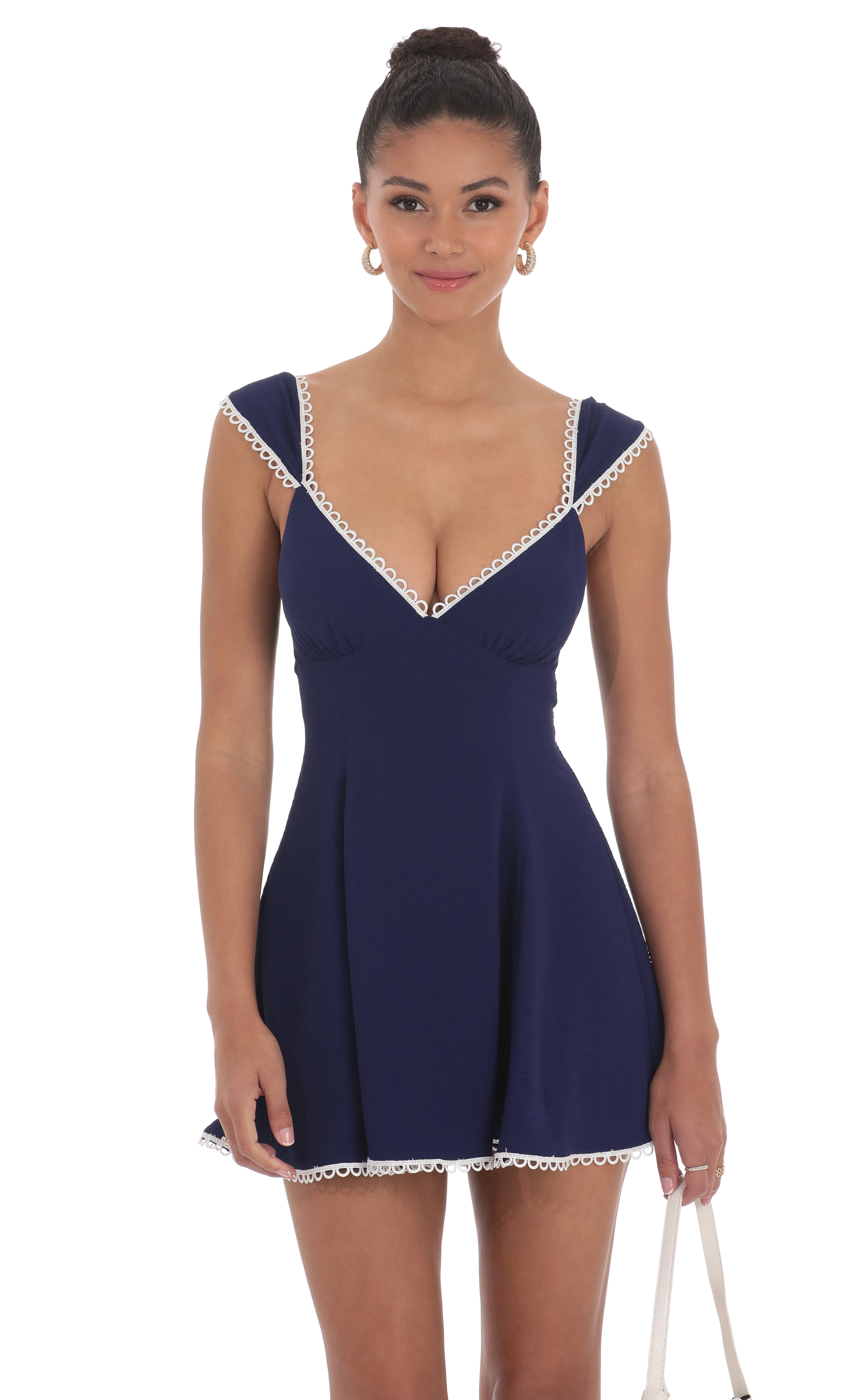 Embroidered Trim Cap Sleeve Dress in Navy-My Sky Diva