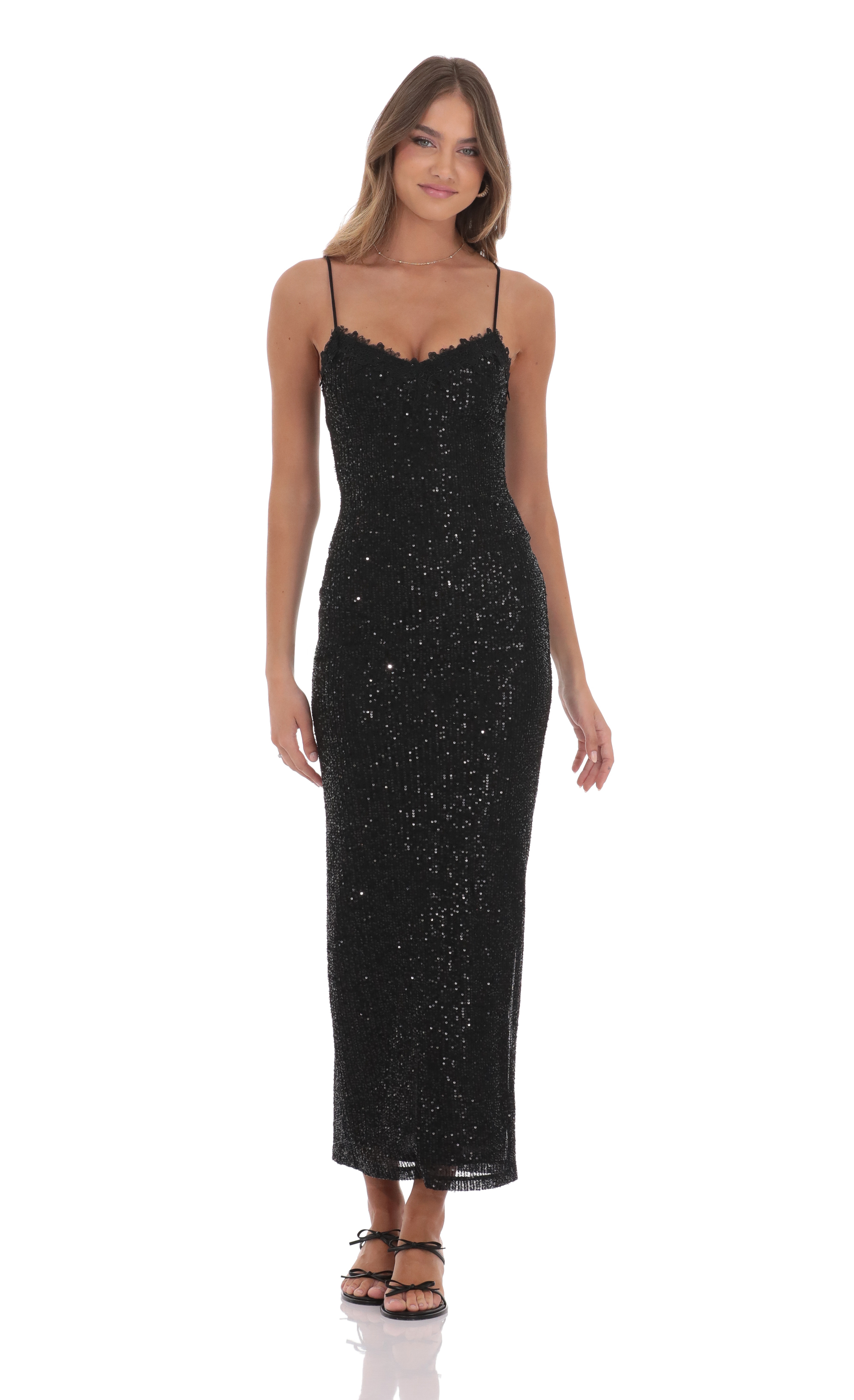 Lace Trim Sequin Maxi Dress in Black-My Sky Diva