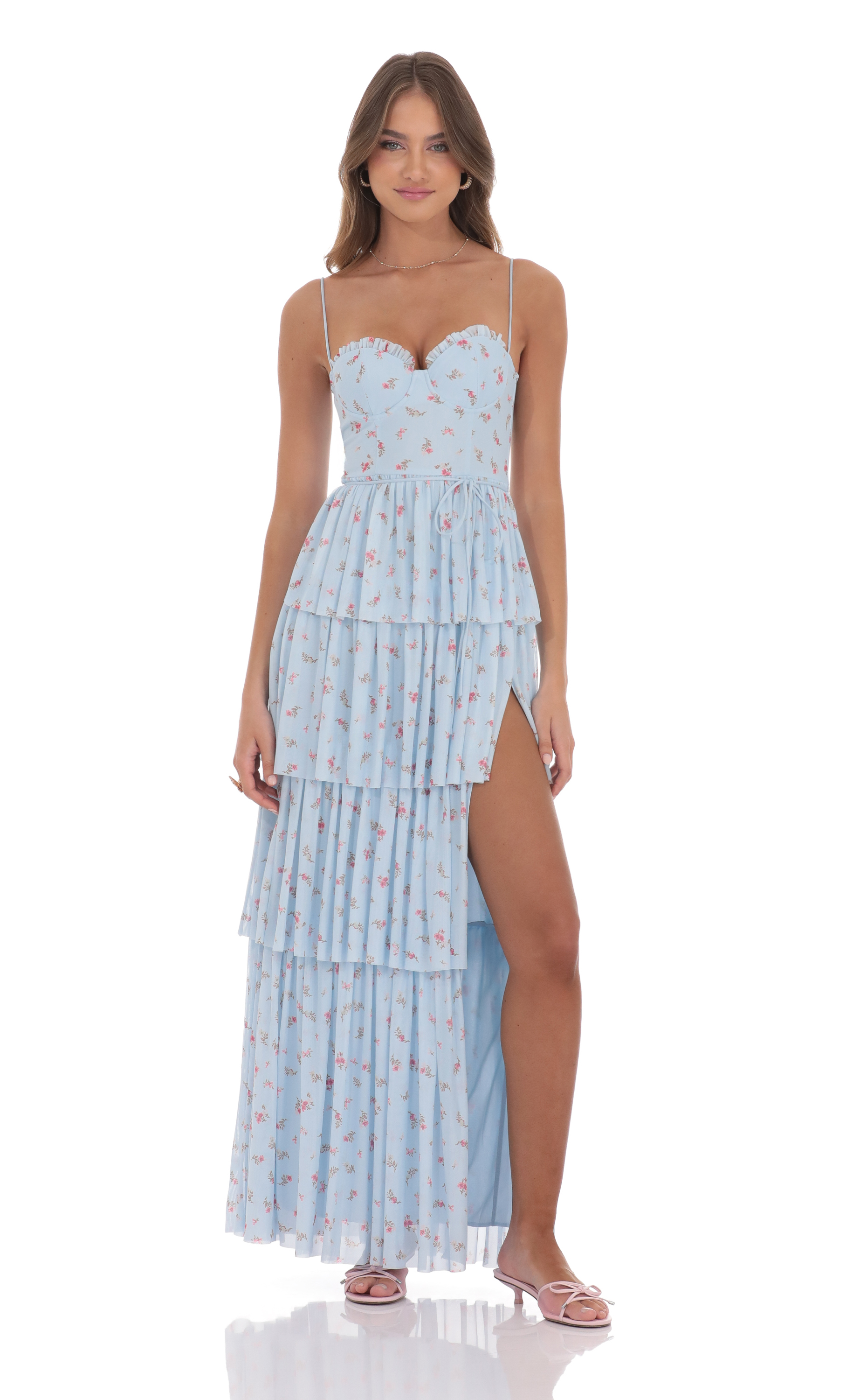 Floral Mesh Ruffle Maxi Dress in Blue-My Sky Diva