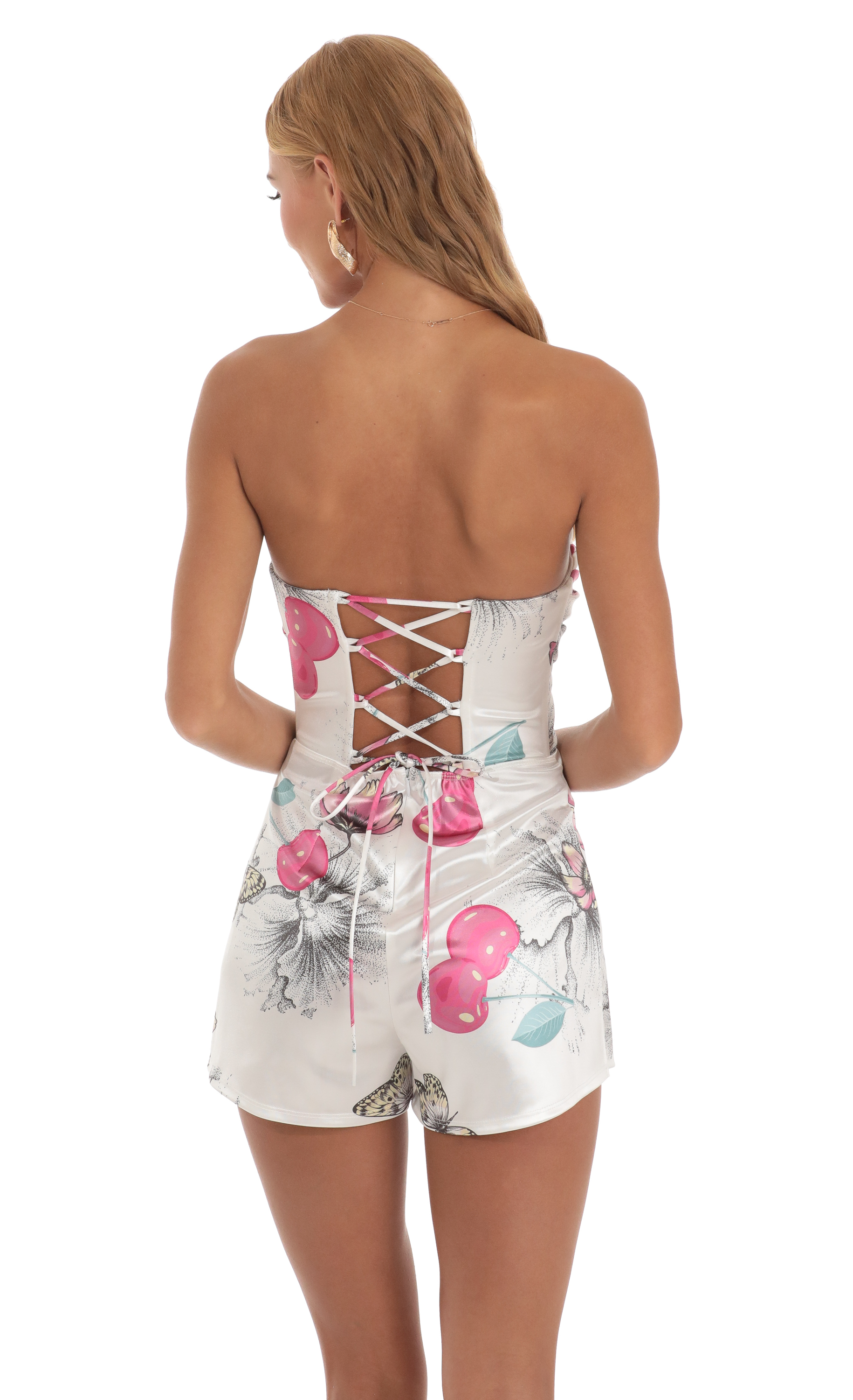 Cherry Butterfly Strapless Romper in White-My Sky Diva