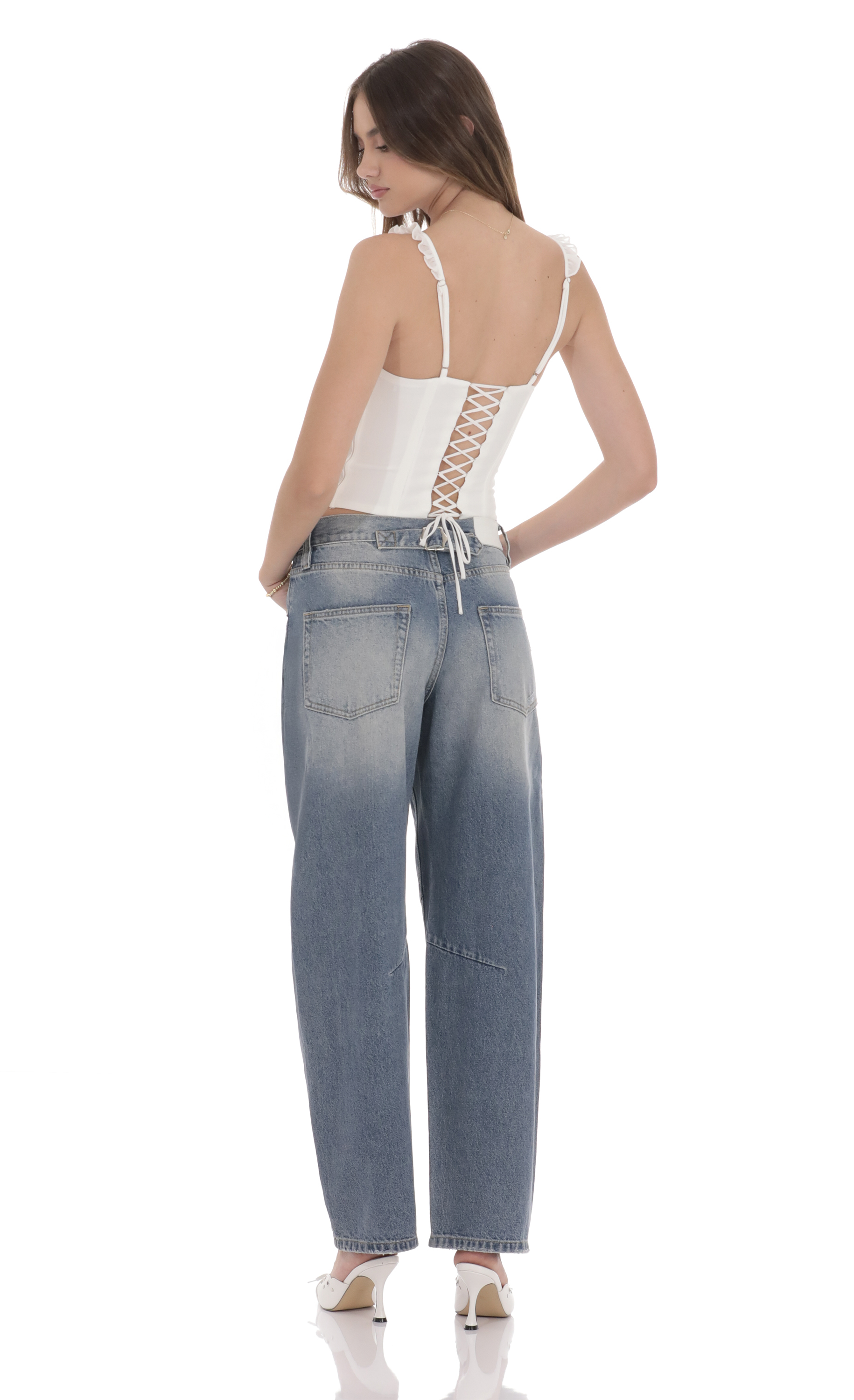 Distress Barrel Jeans in Faded Denim-My Sky Diva