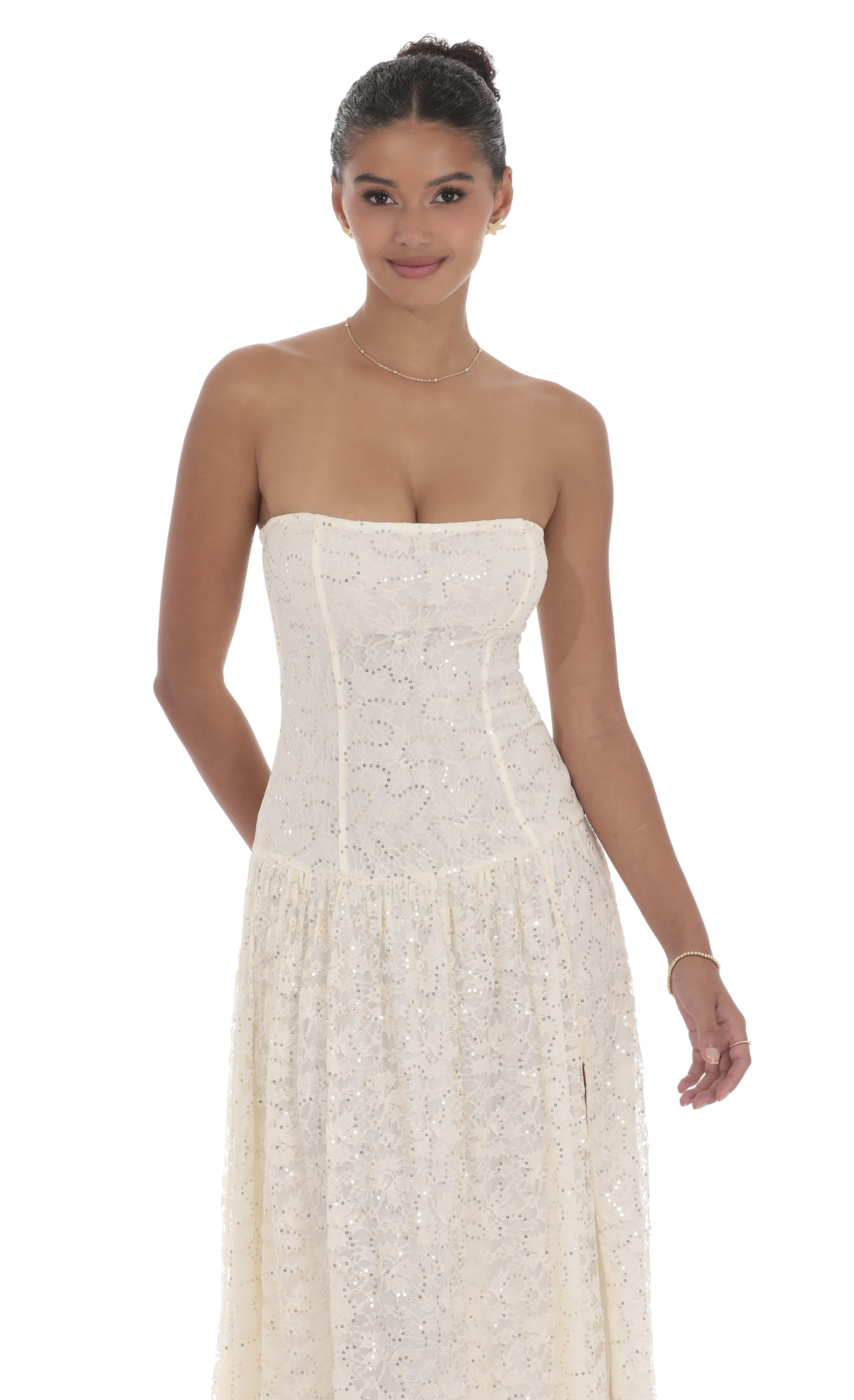 Lace Sequin Drop Waist Maxi Dress in Cream-My Sky Diva