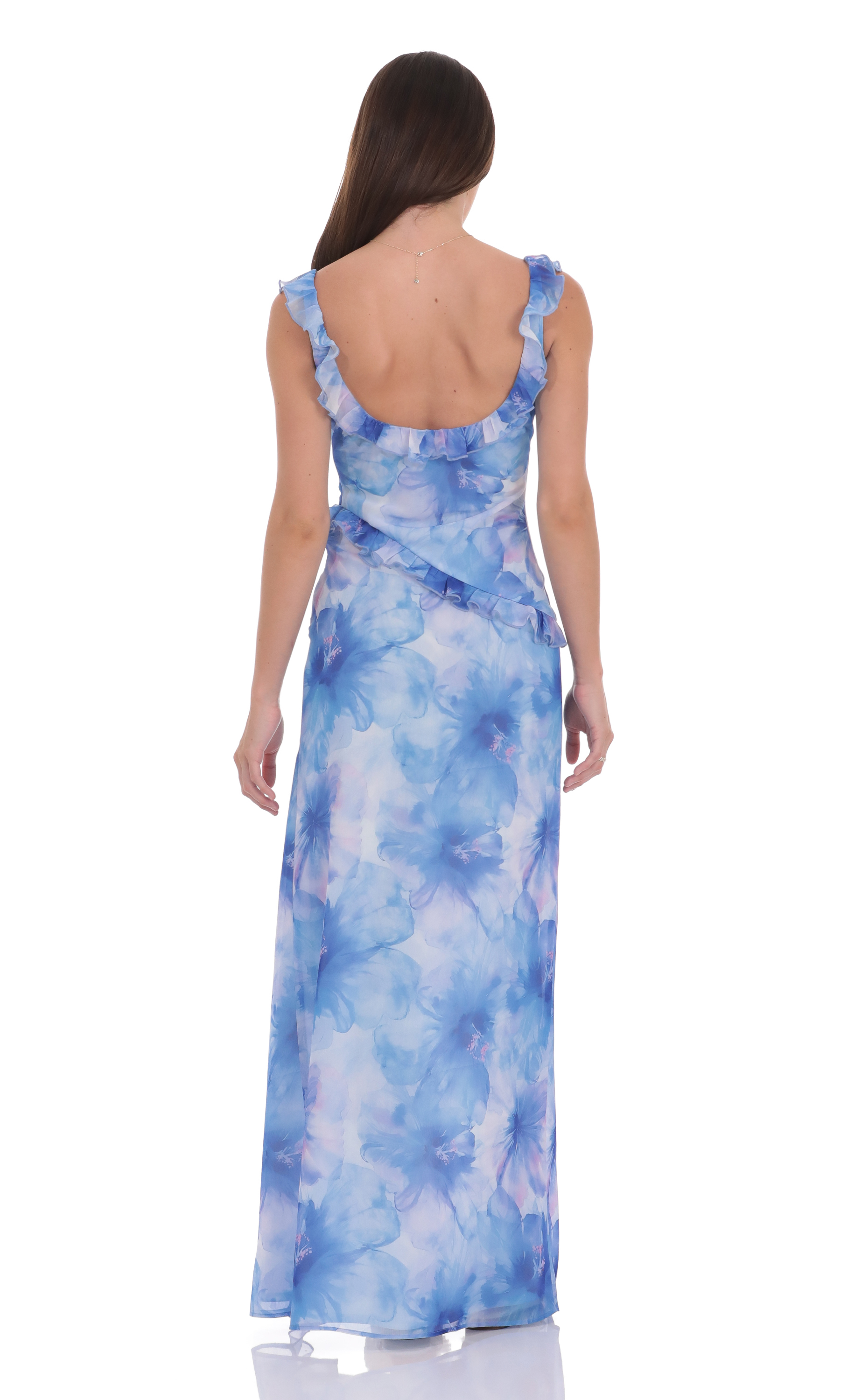 Floral Ruffle Cowl Neck Maxi Dress in Blue-My Sky Diva