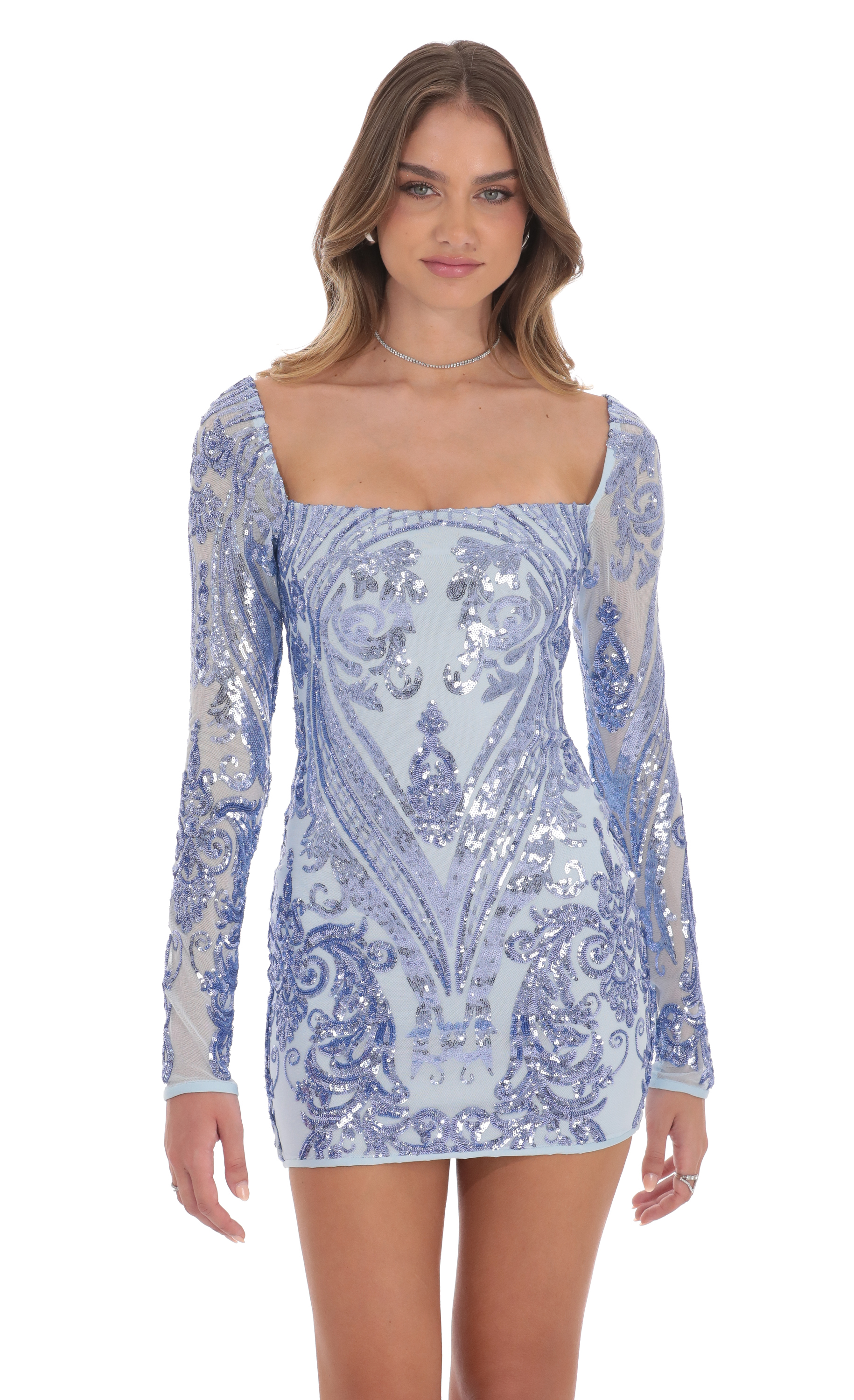 Sequin Pattern Long Sleeve Dress in Blue-My Sky Diva