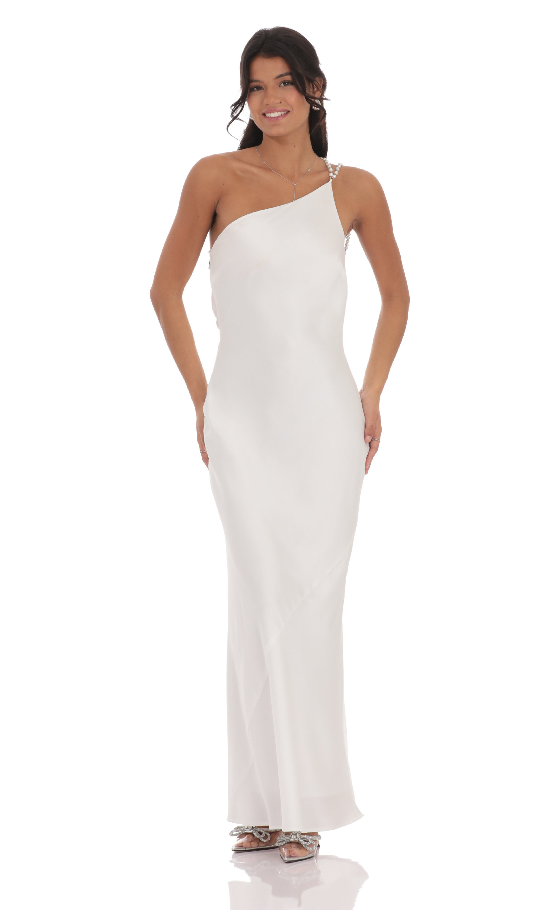One Shoulder Pearl Satin Maxi Dress in White-My Sky Diva