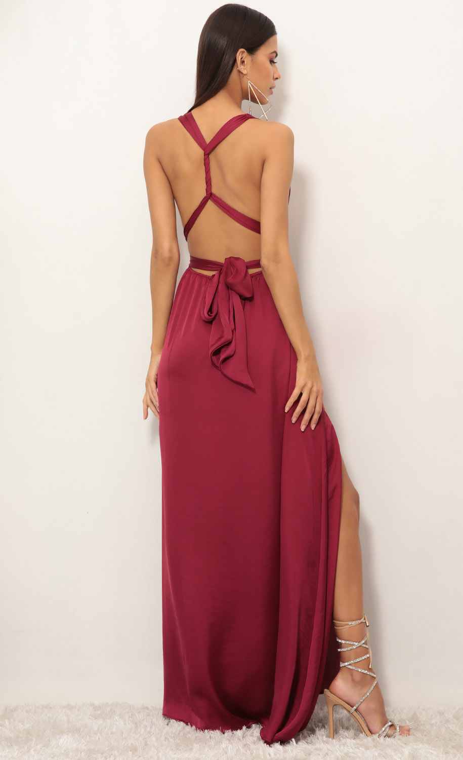 Samara Satin Maxi Dress in Merlot-My Sky Diva