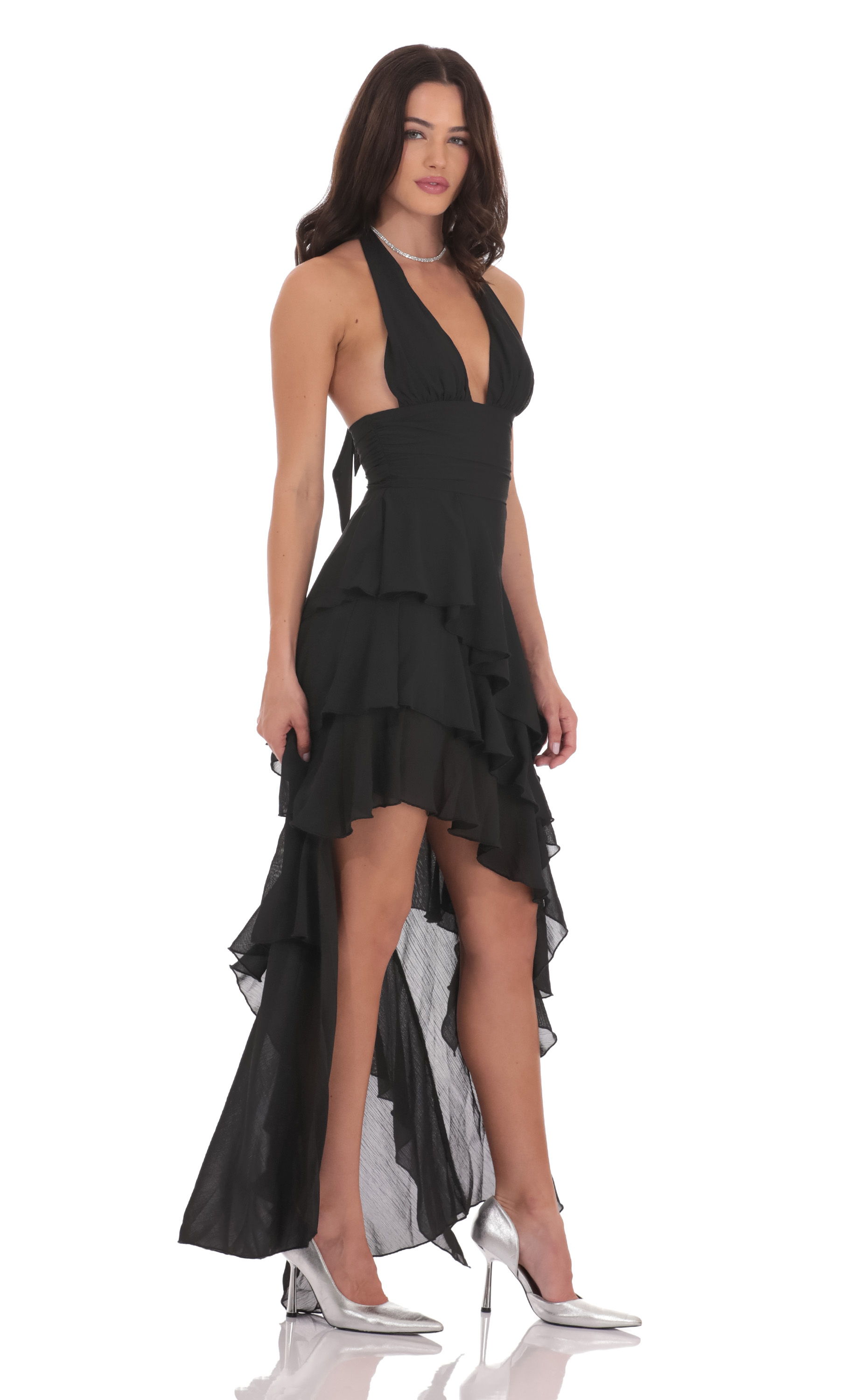 Asymmetrical Ruffle Maxi Dress in Black-My Sky Diva