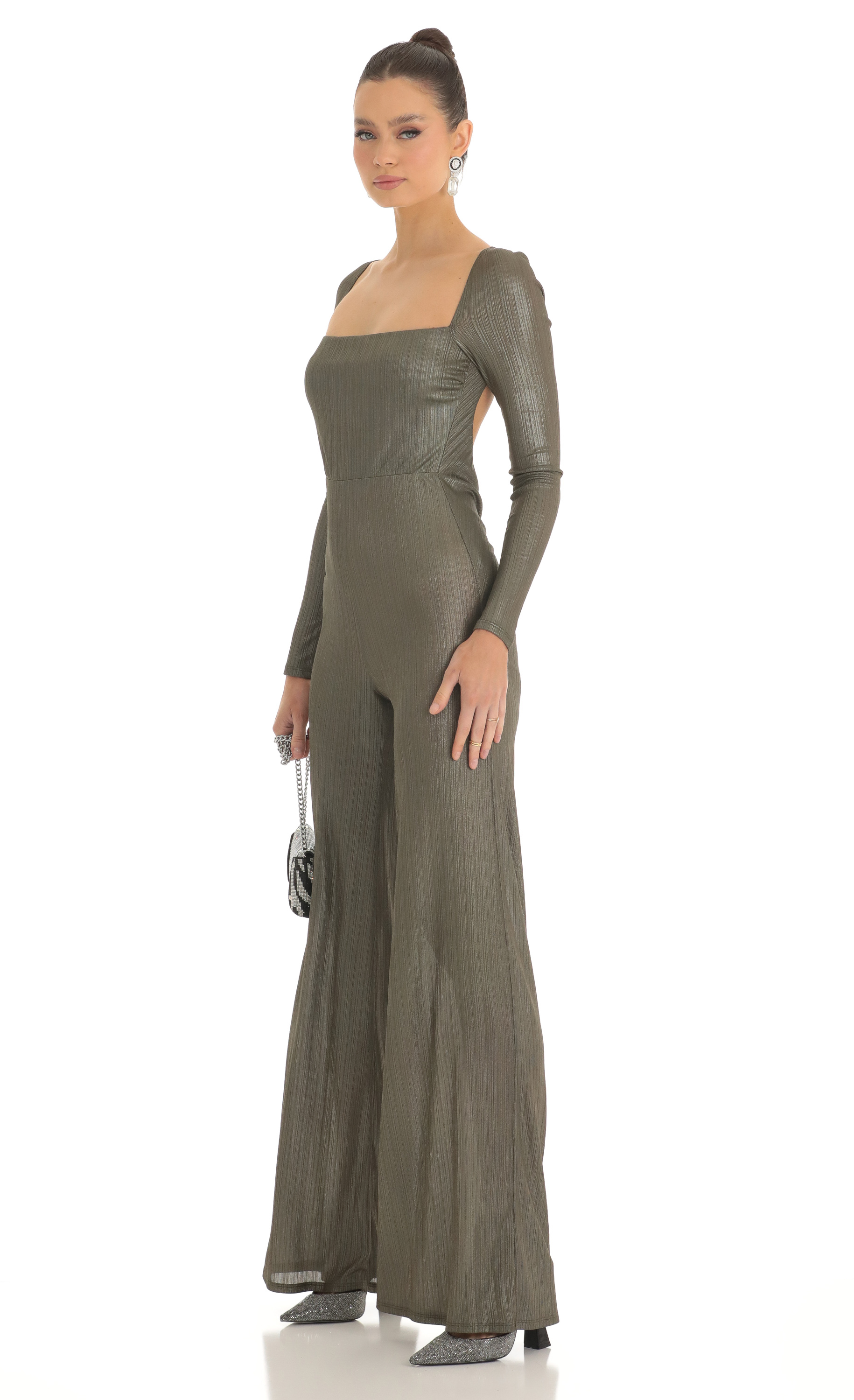Shimmer Open Back Long Sleeve Jumpsuit in Olive-My Sky Diva