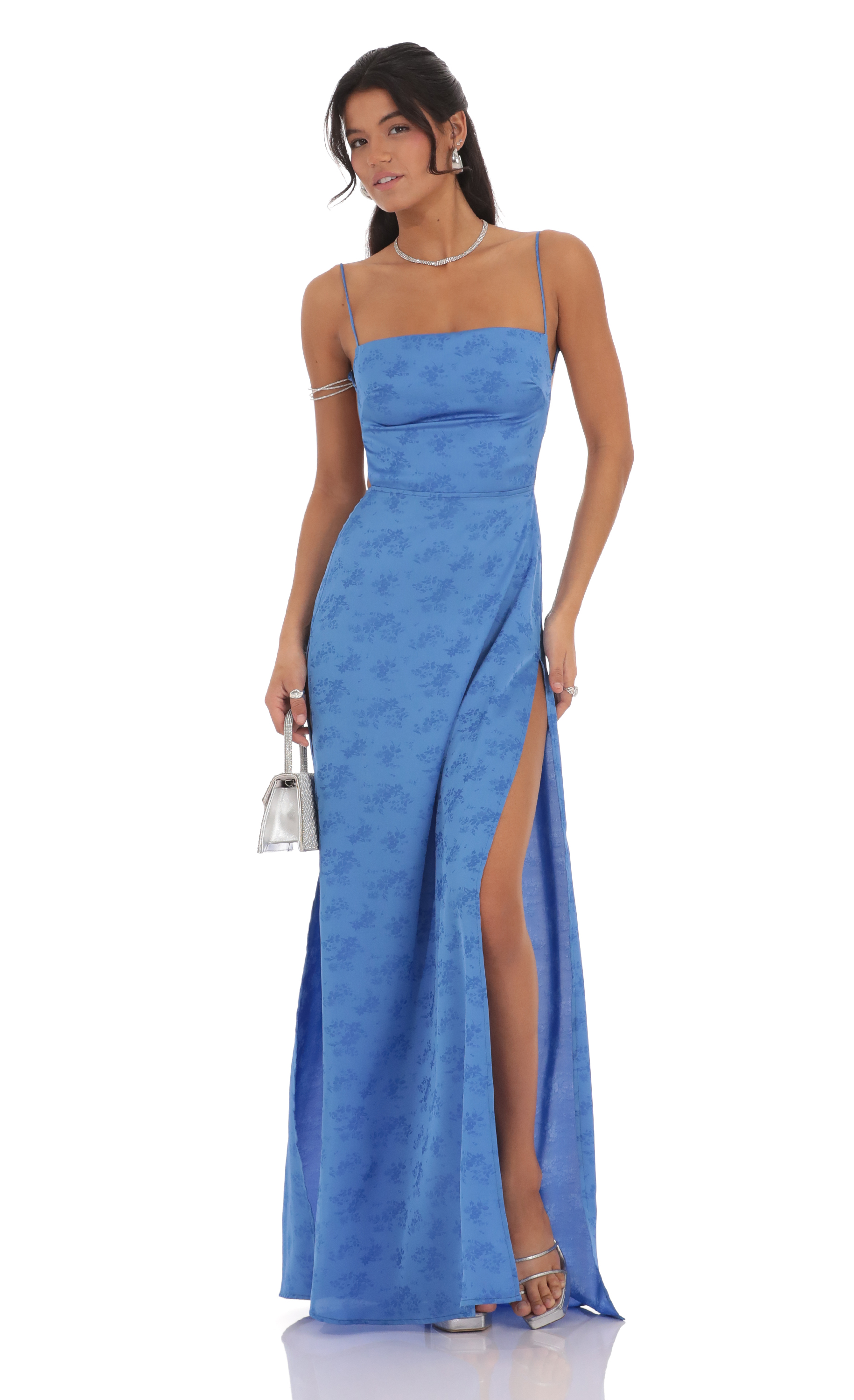 Satin Floral Maxi Dress in Blue-My Sky Diva