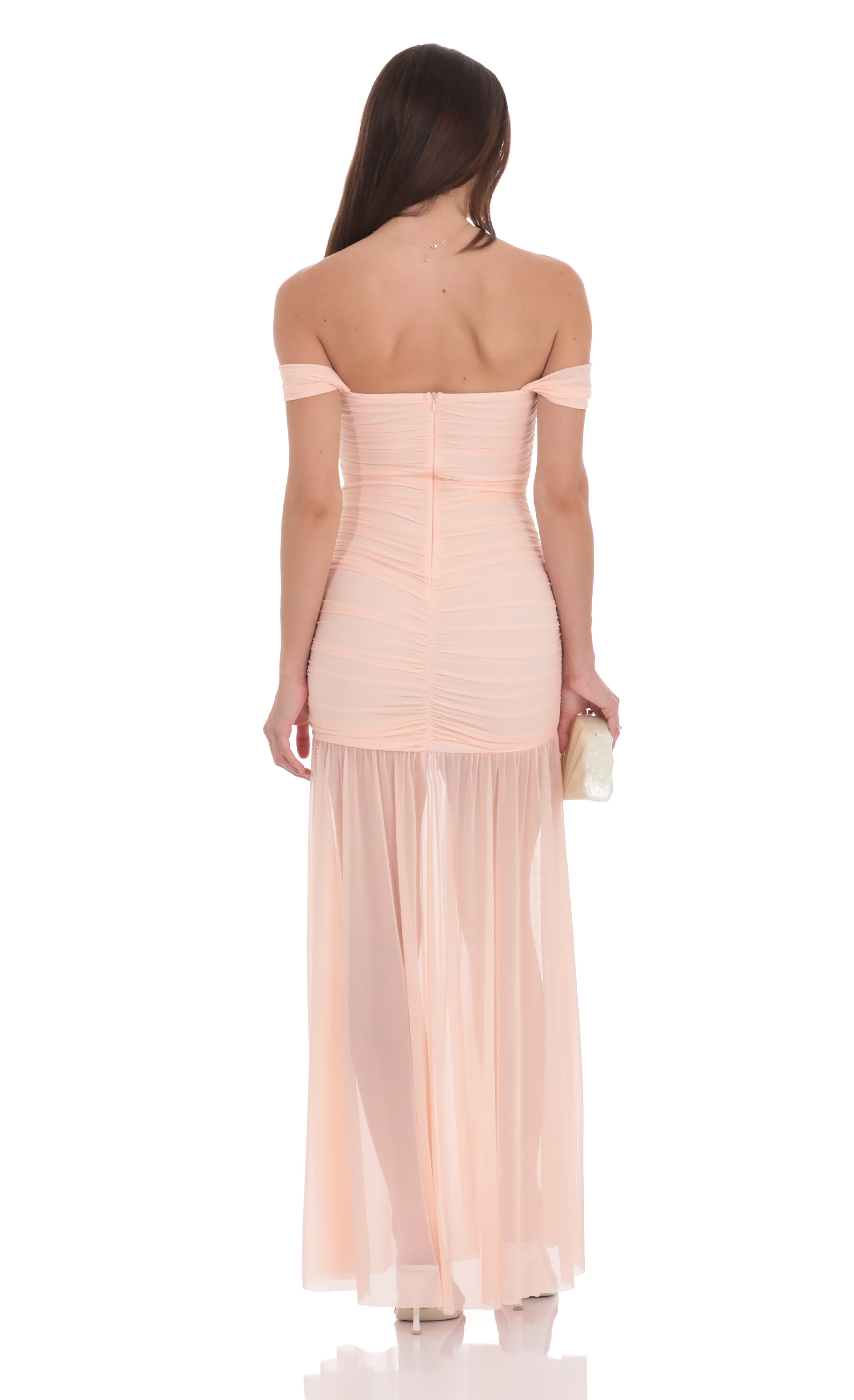 Mesh Off Shoulder Ruched Maxi Dress in Blush Pink-My Sky Diva